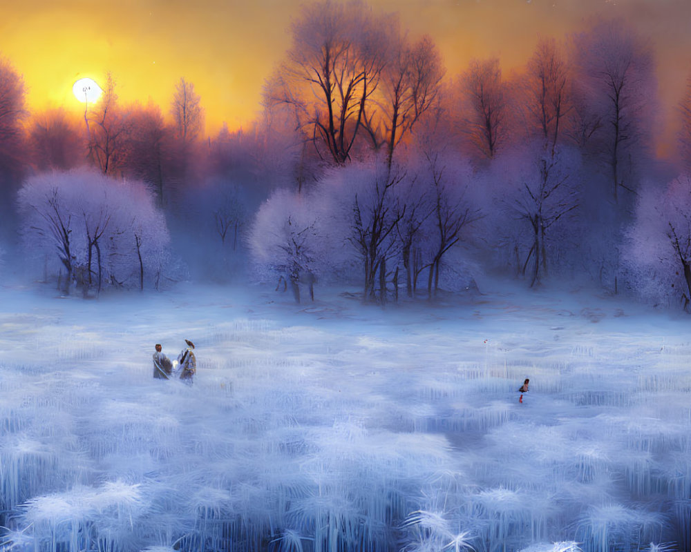 Frosty sunset landscape with icy trees and glowing sky