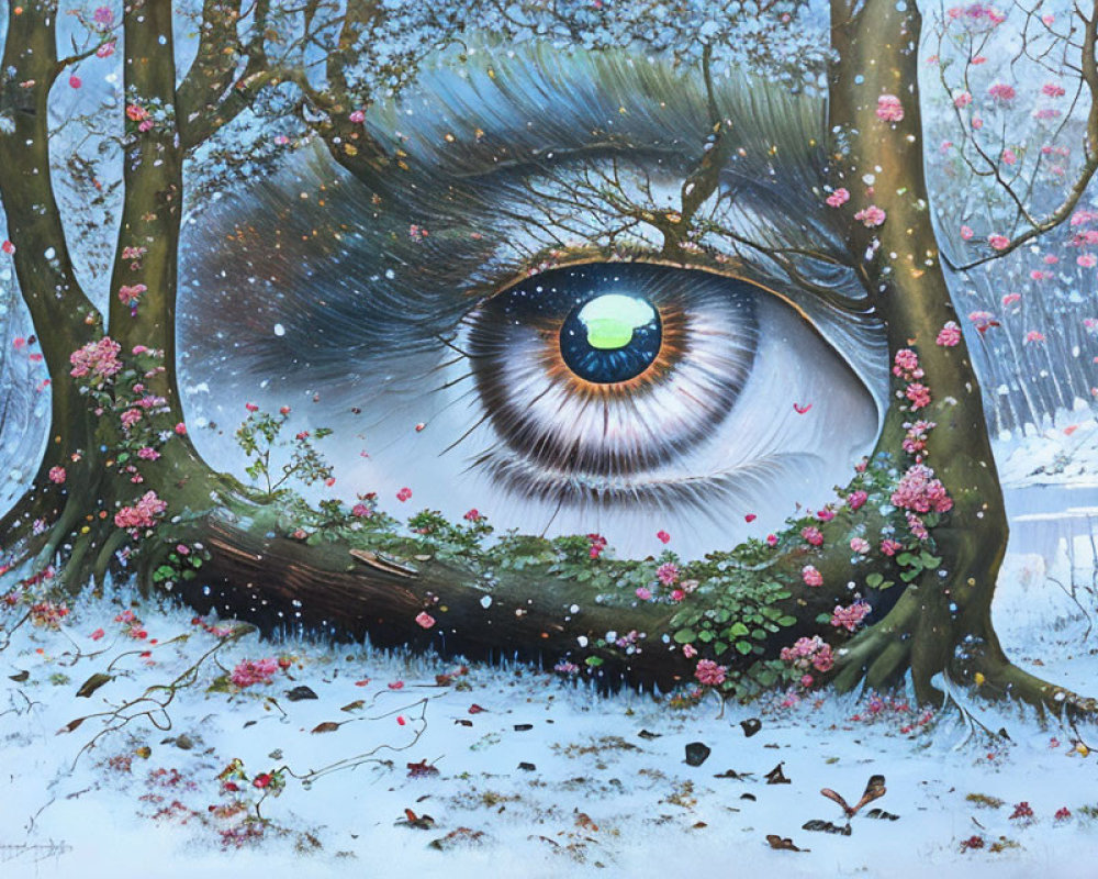 Surreal painting of giant eye in snowy landscape with pink trees