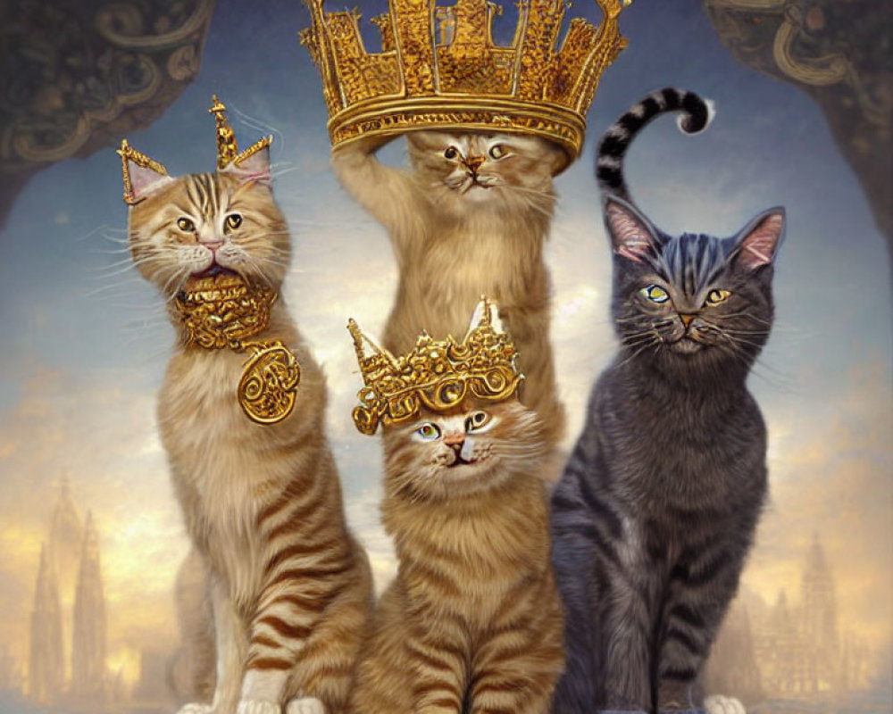 Four regal cats wearing ornate crowns against a backdrop of classical architecture and a golden sky