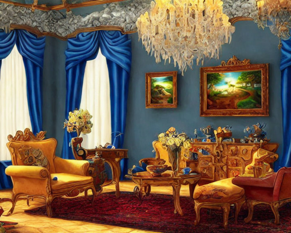 Luxurious Room with Blue Drapes, Chandelier, Golden Upholstery, Grand Table, Paint