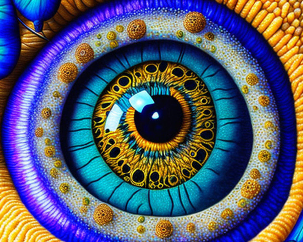 Elaborate colorful eye with intricate patterns in blue, gold, and orange