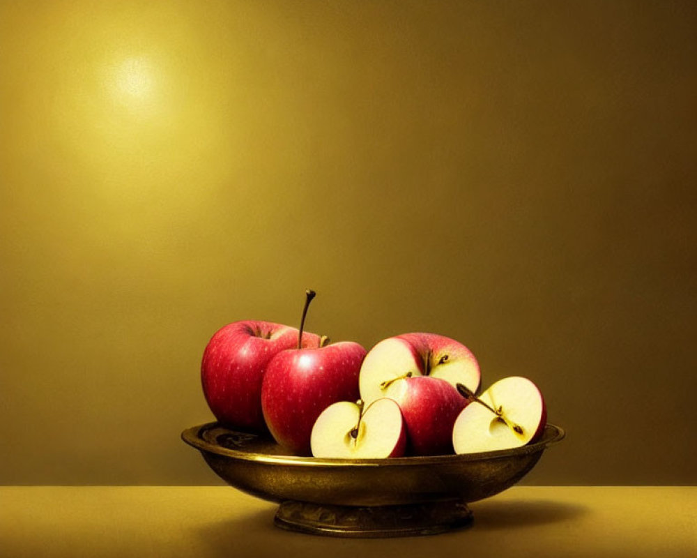 Classic Still Life Painting of Ripe Red Apples in Rustic Bowl