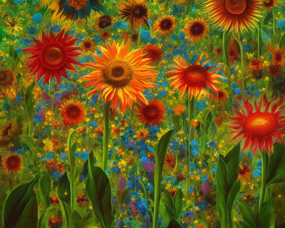 Colorful sunflower field painting with green foliage and red-orange blooms.