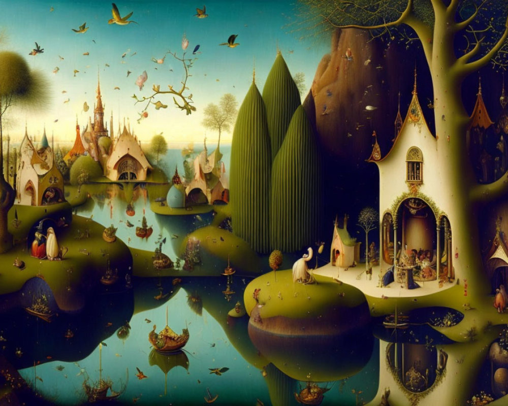 Whimsical surreal landscape with anthropomorphic trees and quirky characters