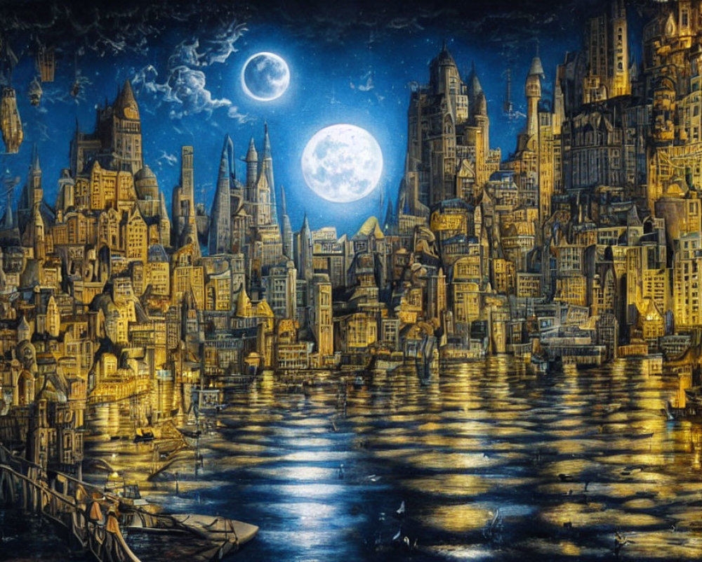 Nighttime cityscape with full moon, illuminated buildings, water reflections, and floating airships