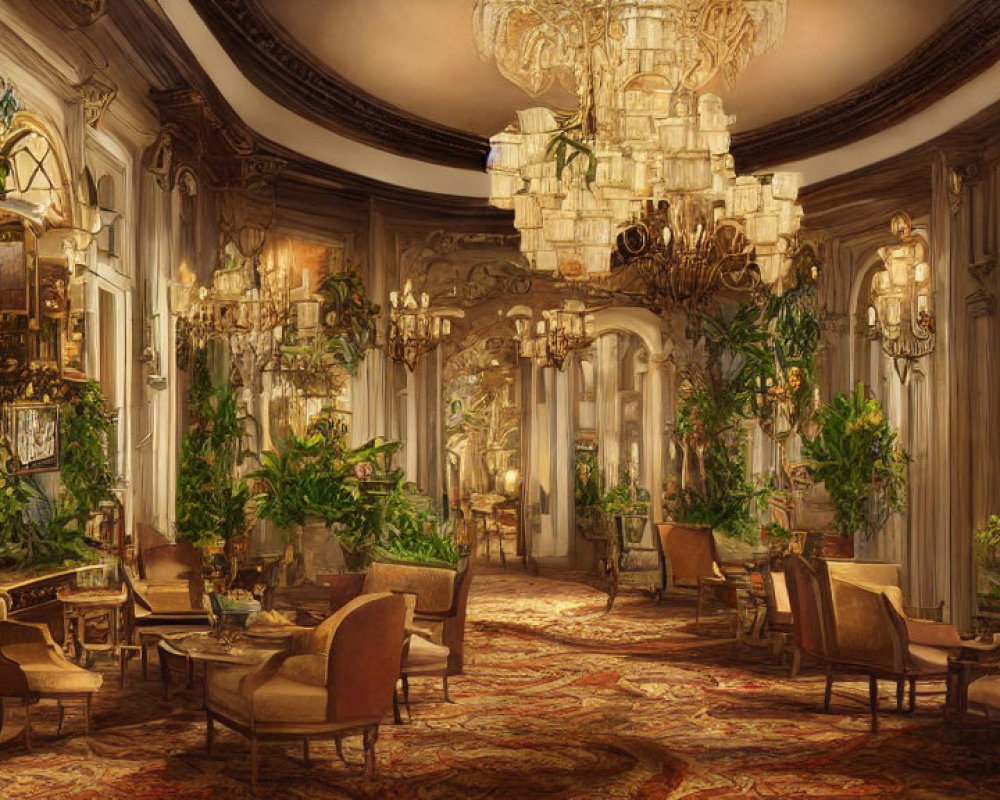 Luxurious Vintage Room with Chandeliers, Ornate Columns, Elegant Furniture, and Plants