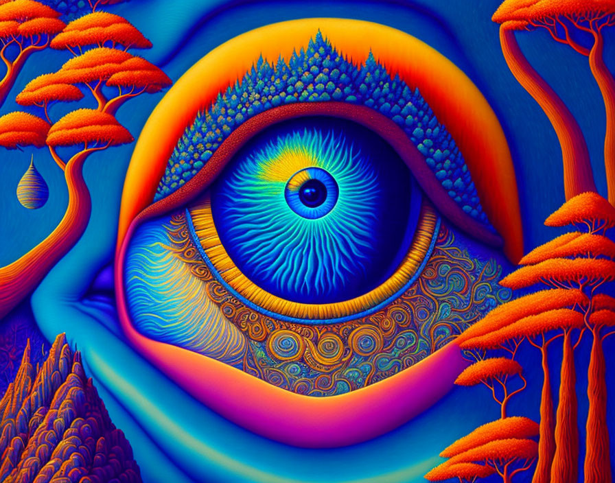 Detailed surrealistic image: Large blue eye, orange trees, fractal patterns