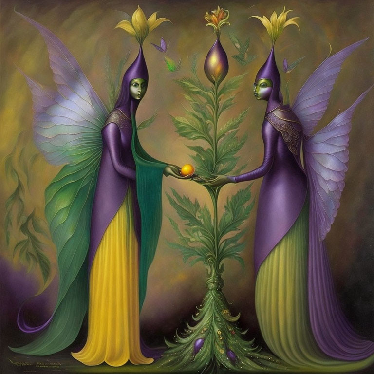 Purple-winged fairy creatures with golden orb in mystic setting