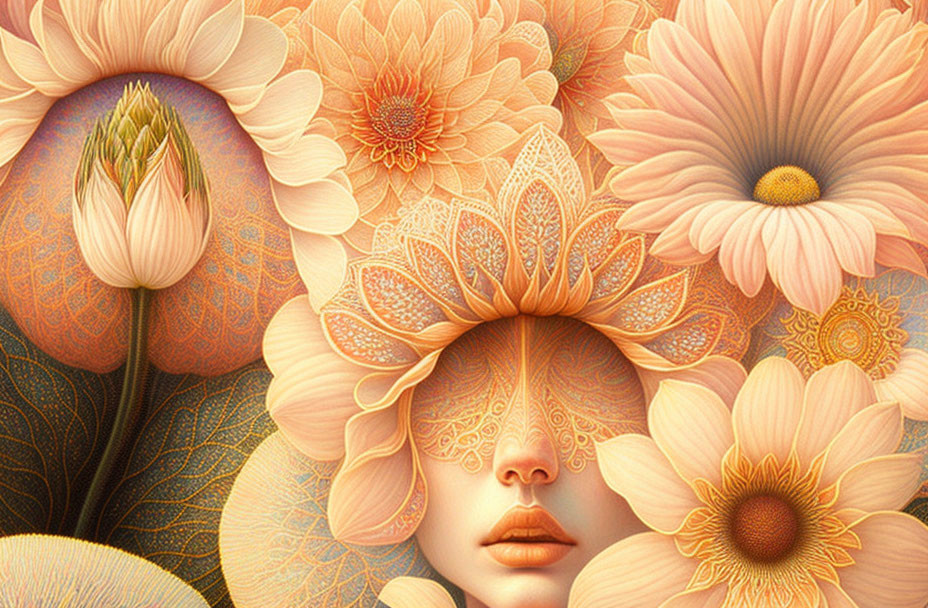 Surreal illustration of woman's face with stylized flowers