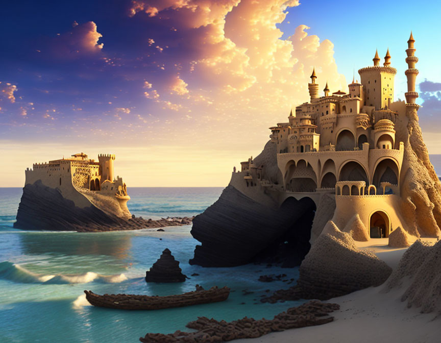 Fantasy sandcastle city by the ocean with towers, boat, and dramatic sunset sky