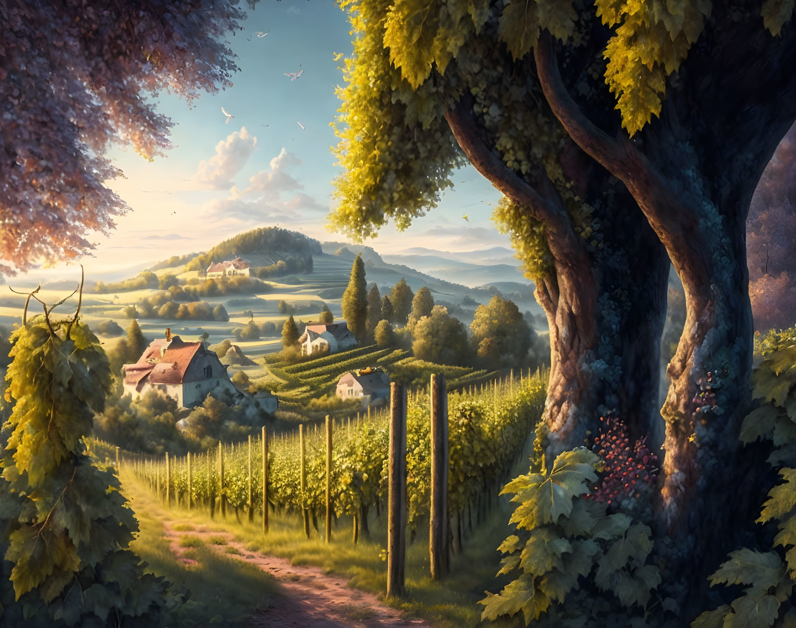 Rural landscape with vineyards, tree, hills, houses, and birds in golden sunlight