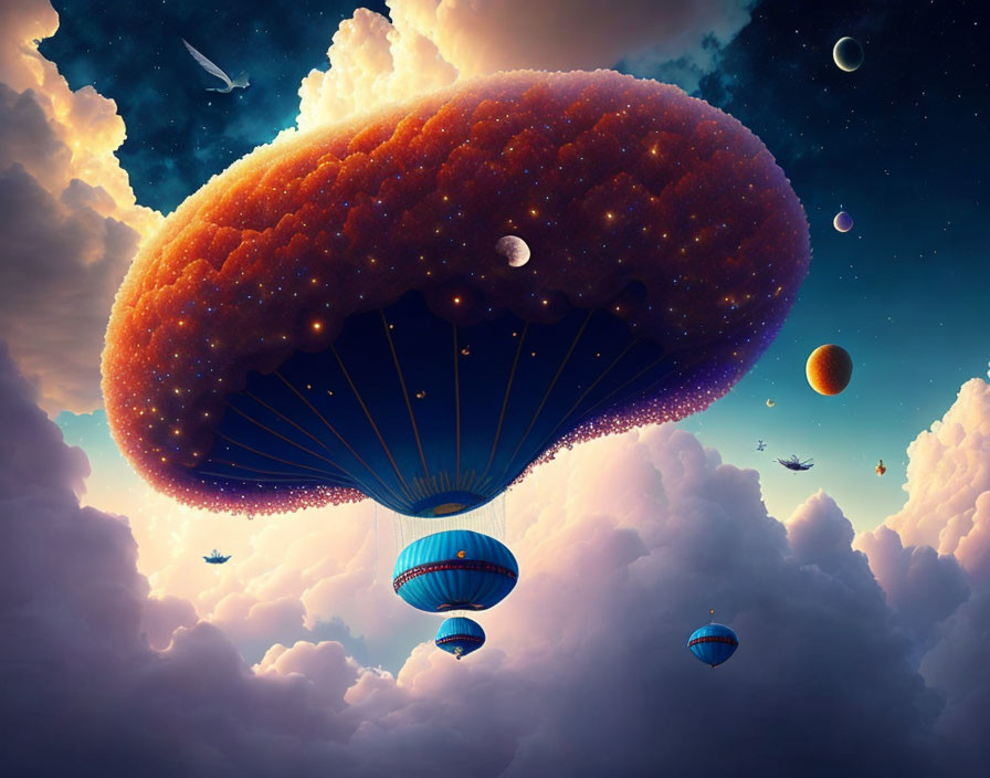 Surreal sky with jellyfish-like entities, planets, and birds