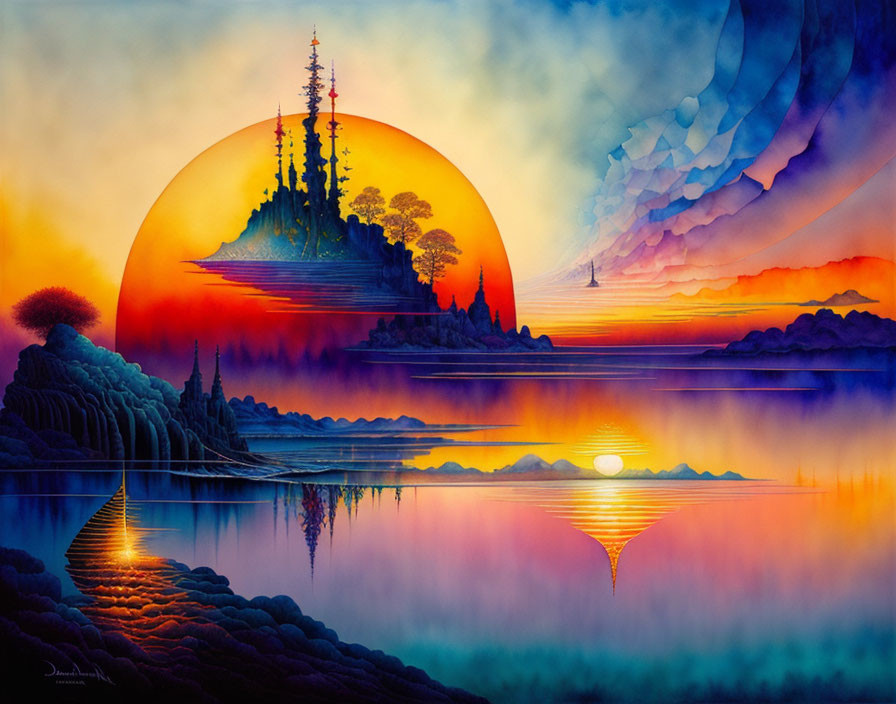 Colorful fantasy landscape: large sun sets behind tree-covered island.