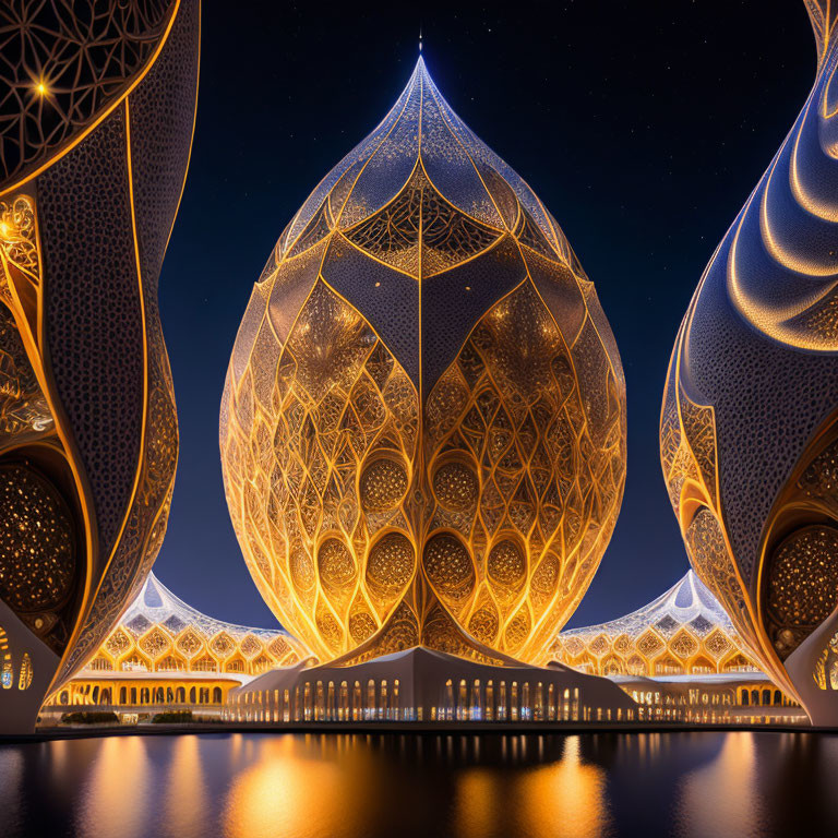 Intricate Lotus Flower Architectural Structure Illuminated at Night