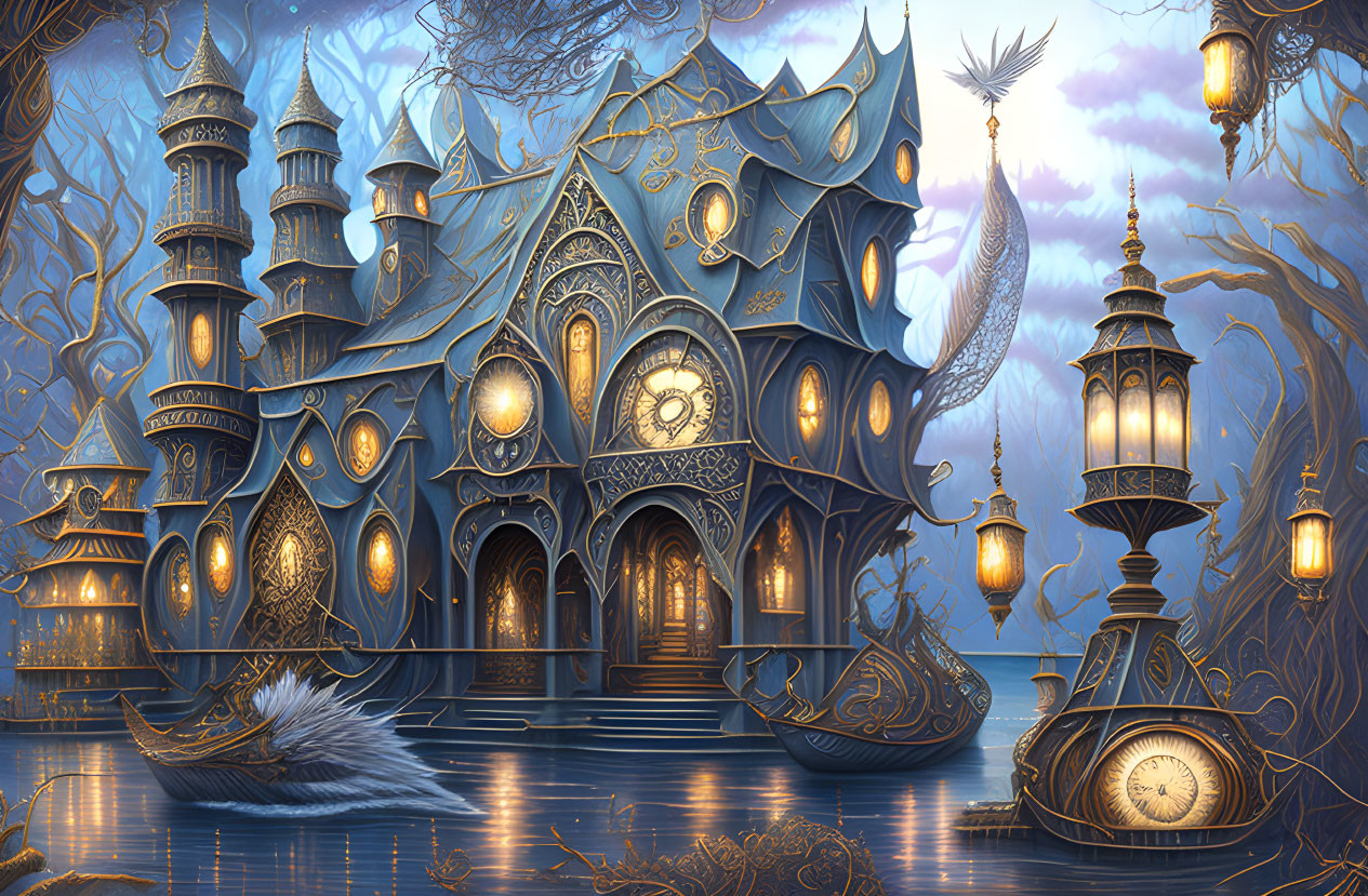 Enchanting fantasy castle with blue and gold designs in twilight landscape