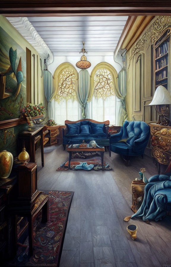 Vintage Room with Blue Furniture, Ornate Bookshelf, Pendant Lamps, and Patterned Rug