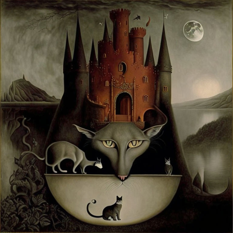 Surreal painting: castle on cat's back with moon & dreamlike landscape