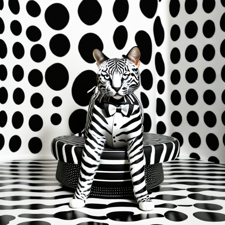 Monochrome image of white tiger in tuxedo against polka dot backdrop