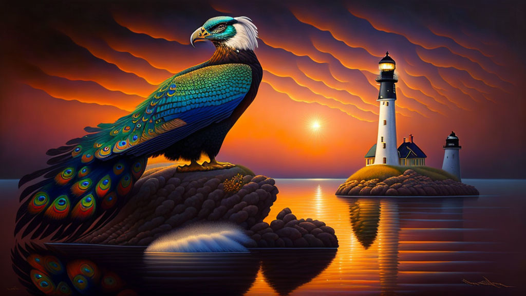 Colorful painting: Eagle with peacock feathers, lighthouse by serene sea at sunset