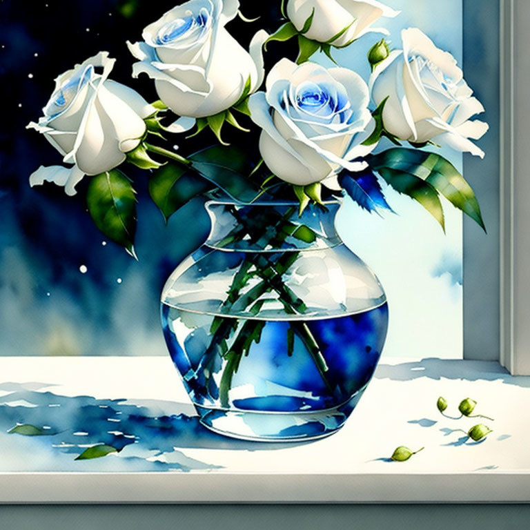 White Roses with Blue Accents in Clear Vase on Windowsill, Sunlight and Shadows