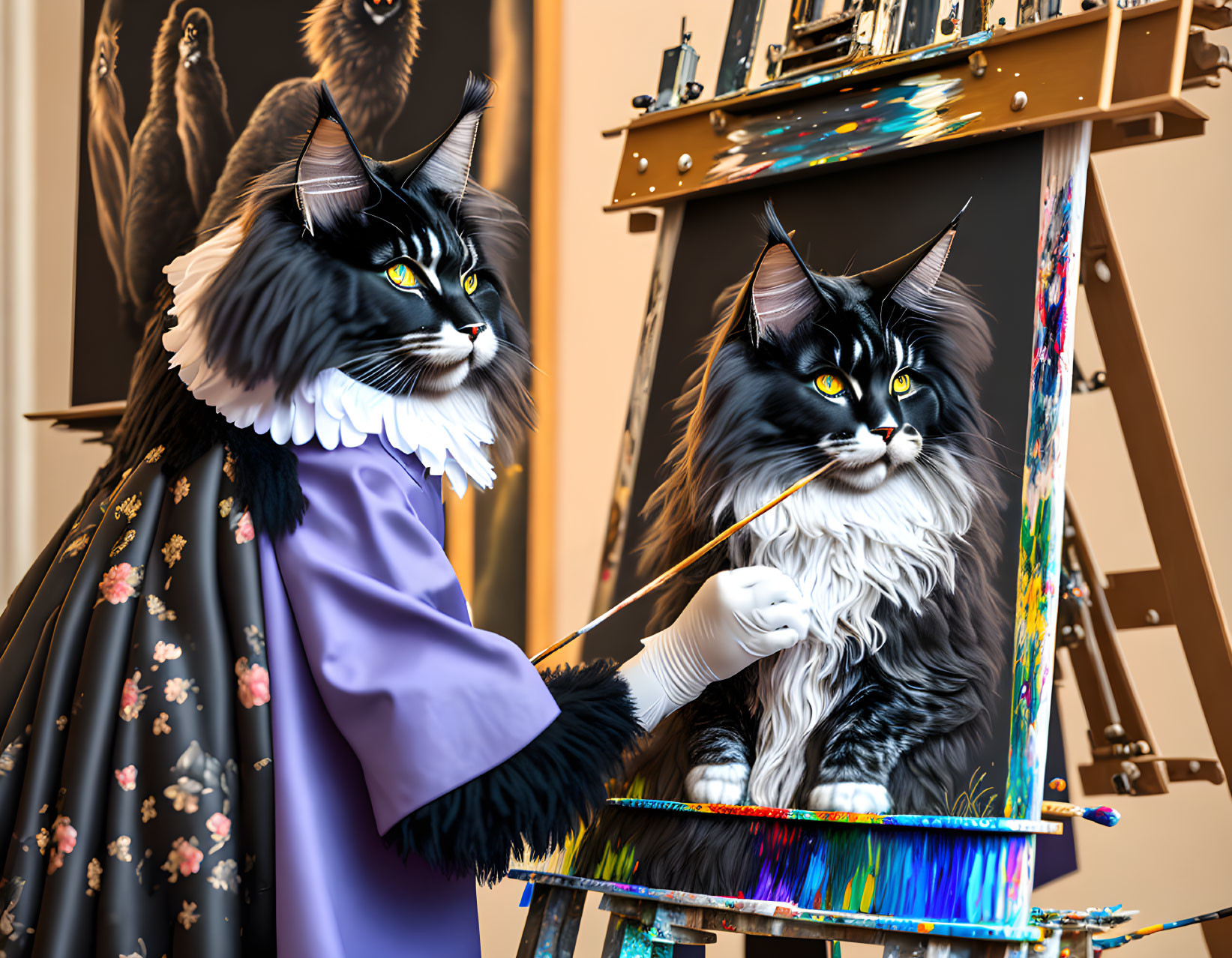 Anthropomorphic Cats in Historical Attire Painting on Canvas