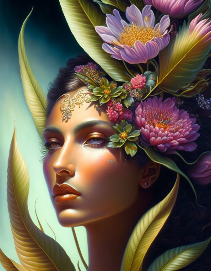 Colorful portrait of woman with floral and feather headdress and decorative forehead piece.