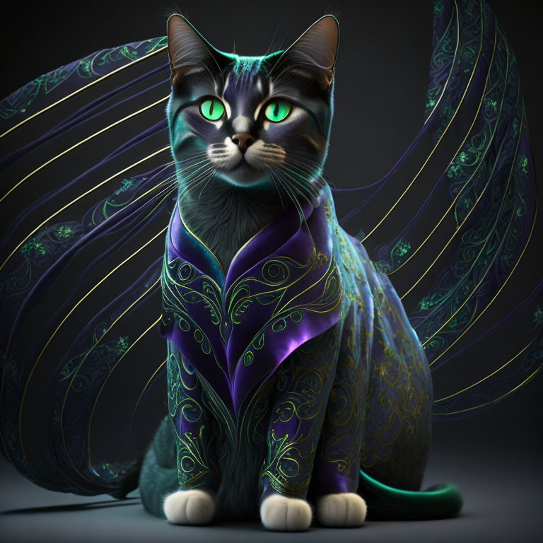 Black Cat with Green Eyes in Purple Cloak with Gold Trim