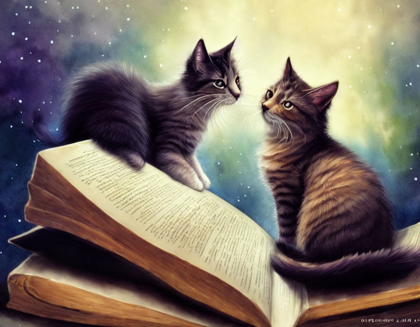 Fluffy kittens on open book with starry background