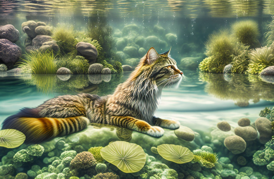 Realistic digital artwork of tabby cat in shallow water with lily pads