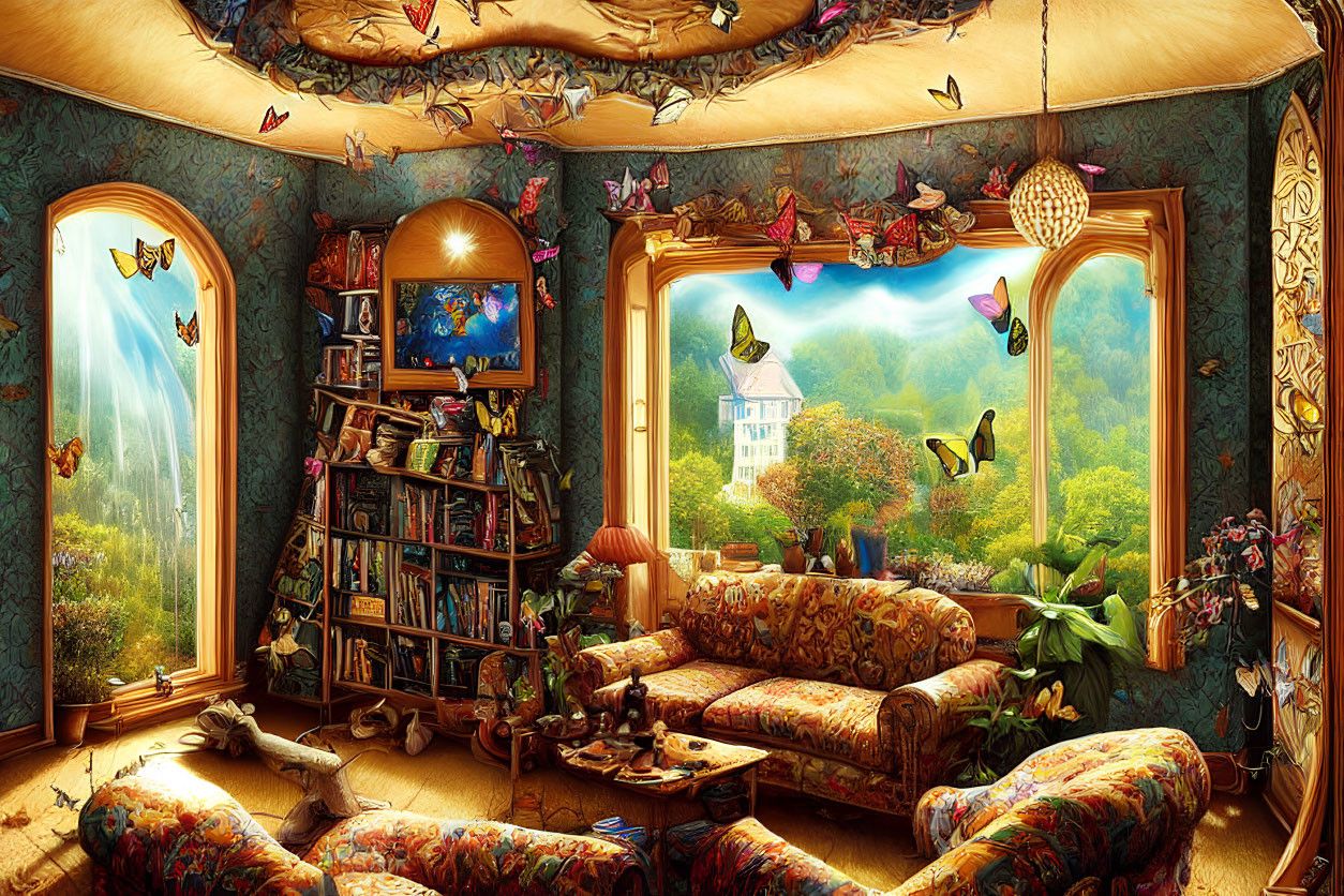 Colorful Room with Butterflies, Overflowing Bookshelf, Plush Sofas, and Scenic