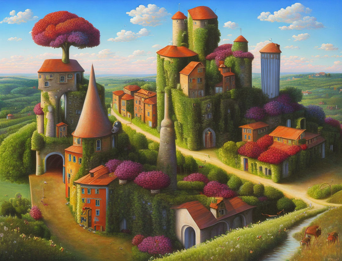 Colorful castle painting with lush greenery and flowers in countryside landscape