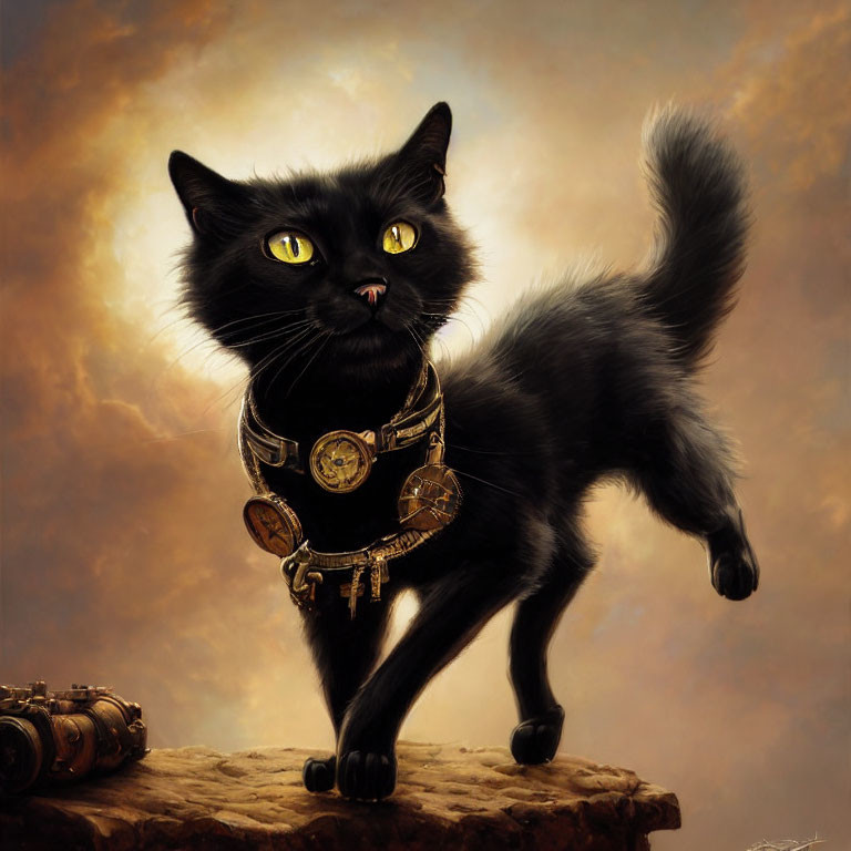 Black Cat with Yellow Eyes in Steampunk Harness on Rock against Cloudy Sky