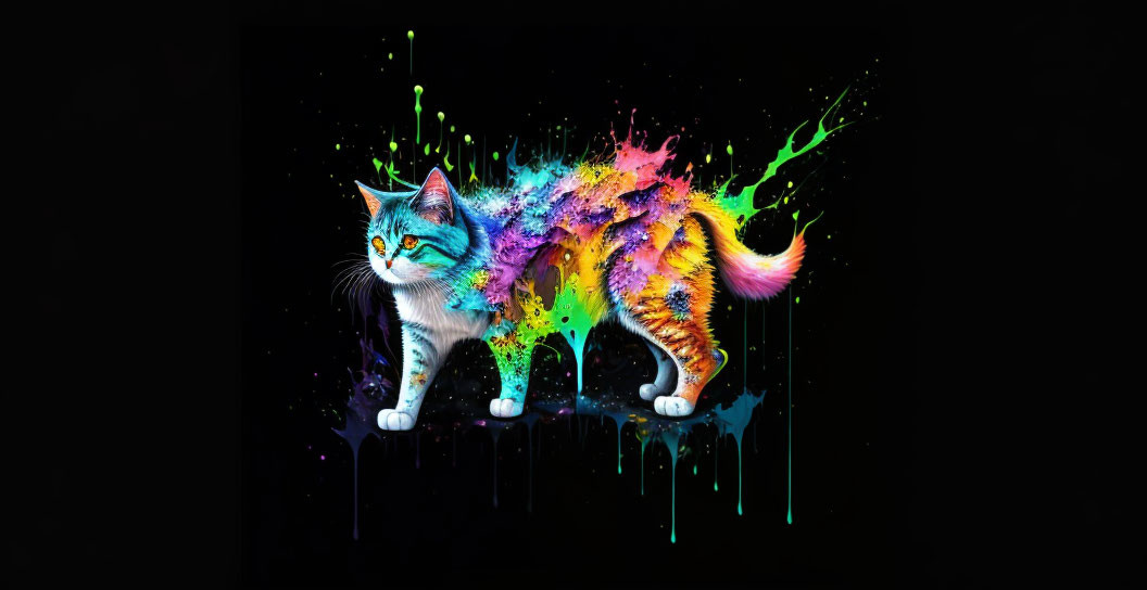 Colorful Splash-Effect Cat Art on Black Background