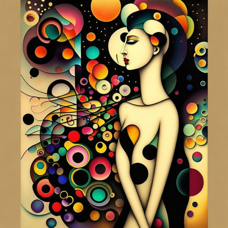 Colorful Abstract Profile View Woman Artwork with Circles and Patterns