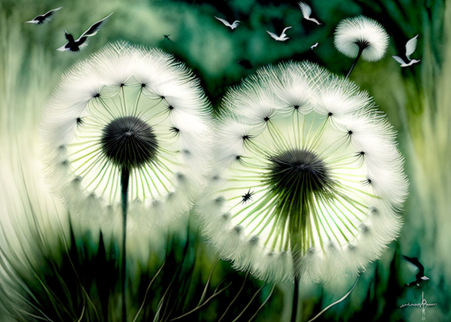 Dandelion Seed Heads and Flying Seeds in Green Mystical Setting