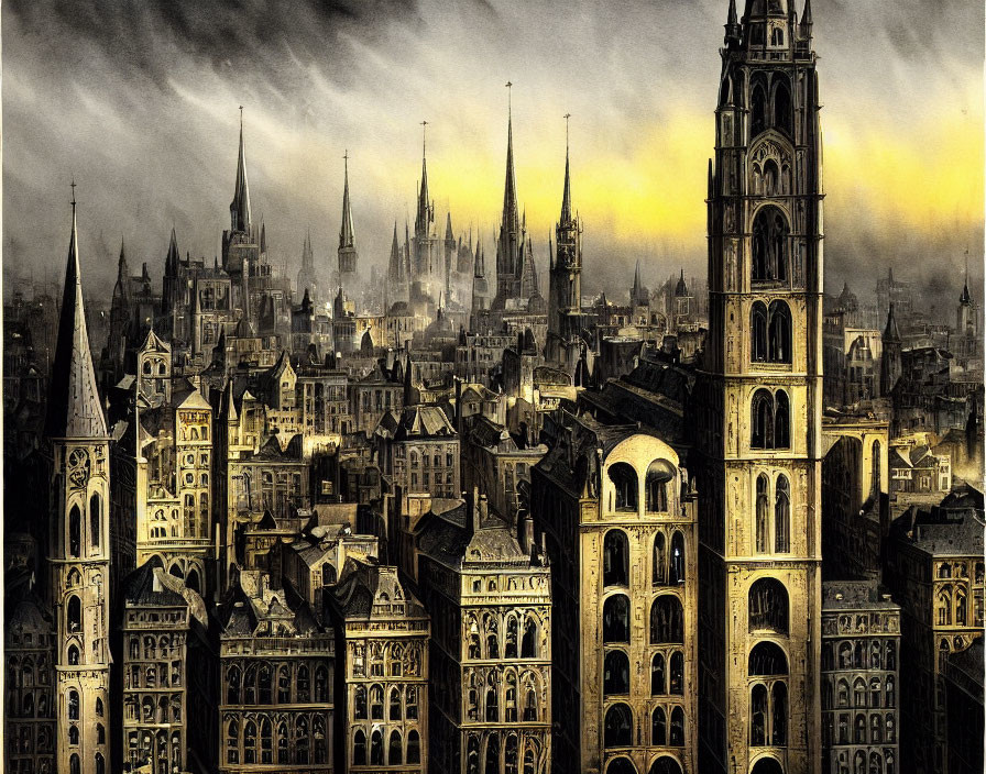 Gothic-style cityscape with spires and towers in dramatic sunset ambiance