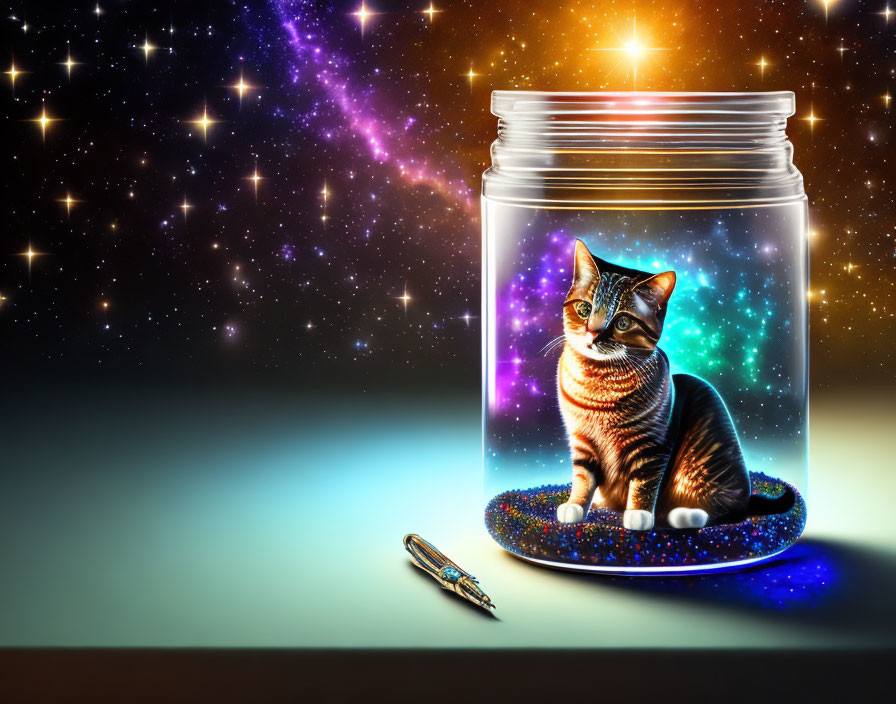 Tabby Cat in Glass Jar with Galactic Background and Pen