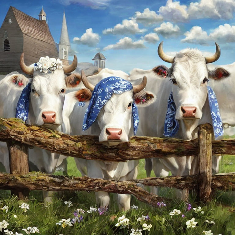 Three cartoon cows with blue bandanas in pastoral scene with church.