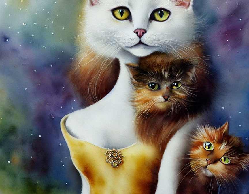 Vibrant illustration of three expressive cats with orange-brown and white fur.