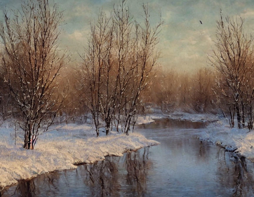 Tranquil winter landscape with snow-covered ground and leafless trees by a stream