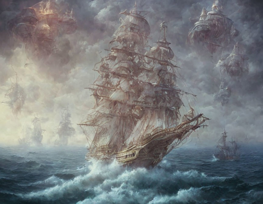 Fantastical airships and old sailing ship in stormy seas