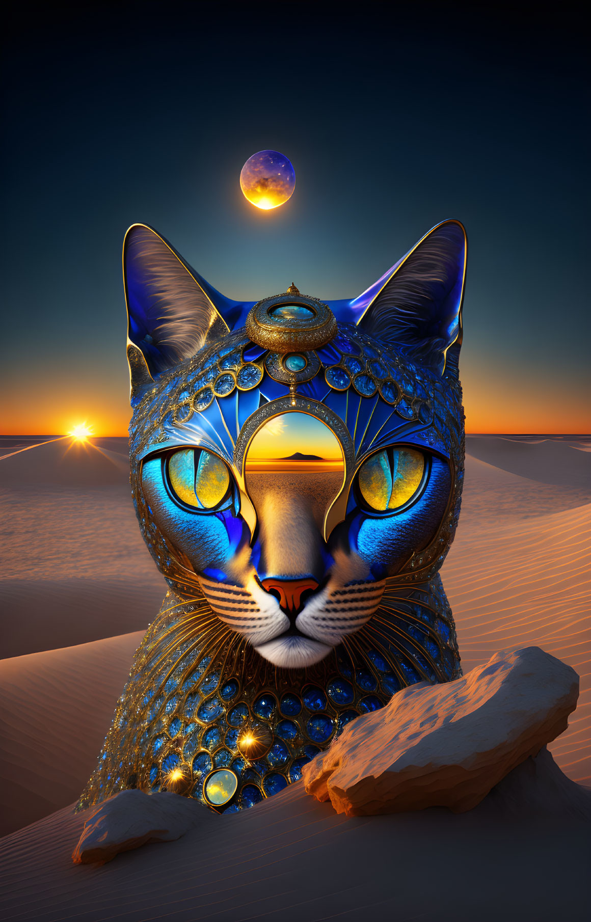 Surreal image: Cat with Egyptian-style adornments in desert under twilight sky