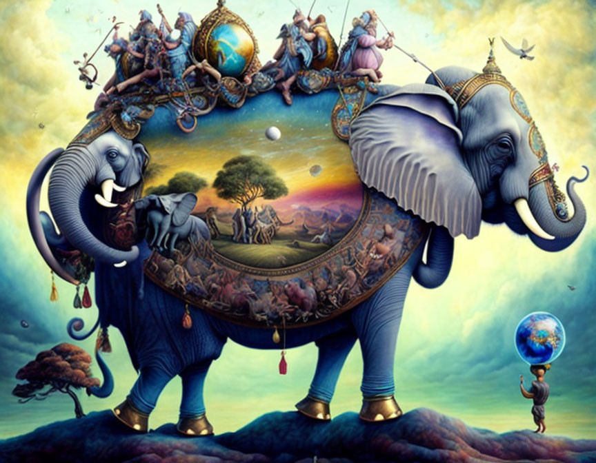 Fantastical artwork of elephants carrying worlds, blending mythology with surrealism