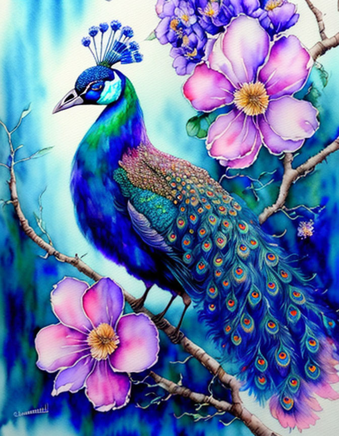 Colorful Peacock Illustration with Iridescent Feathers and Flowers on Branch