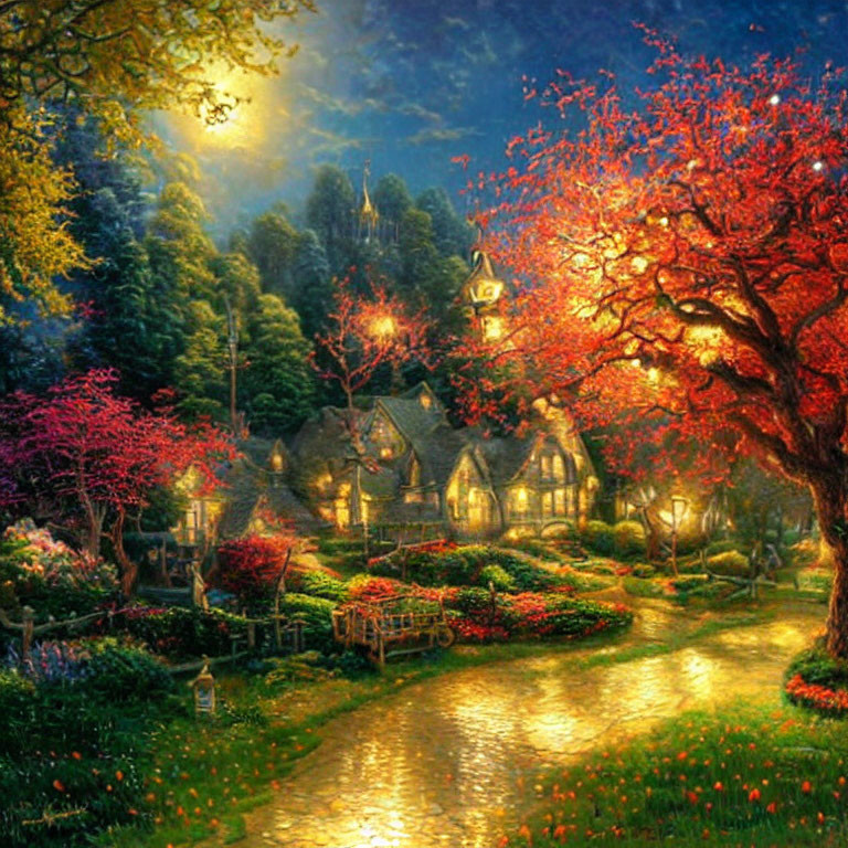 Charming village with glowing cottages and cobblestone path