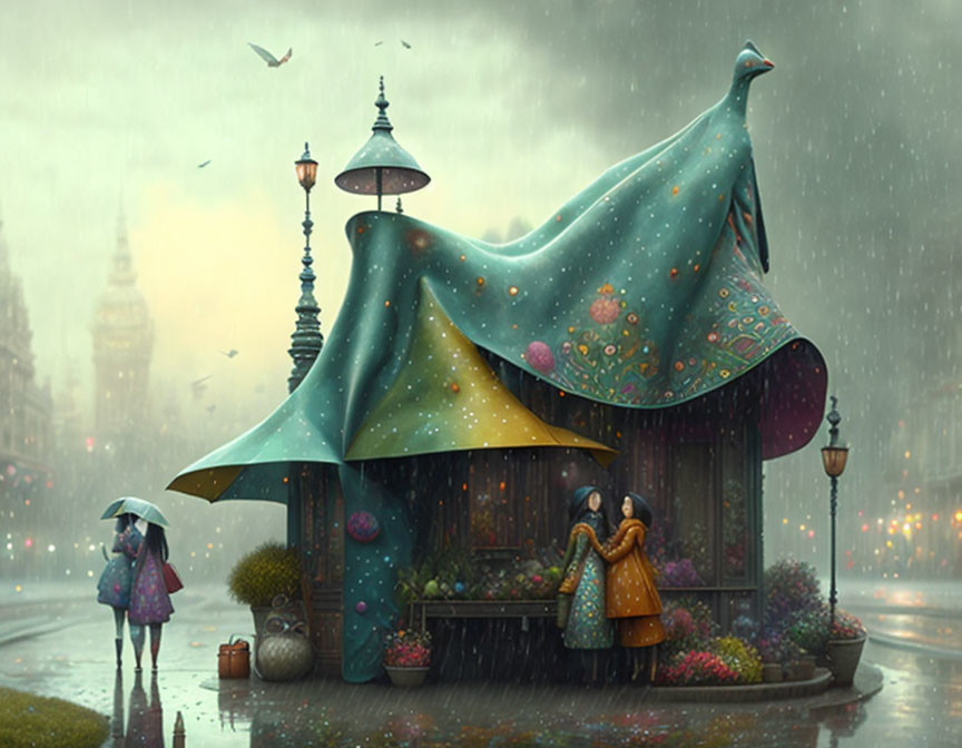 Illustration of peacock-shaped kiosk on rainy street with people and flowers.