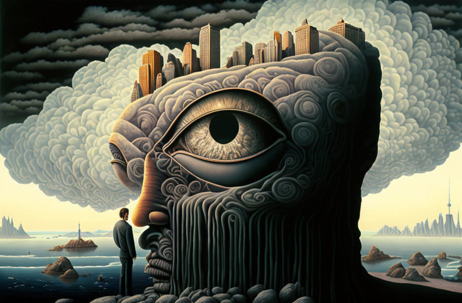 Surrealist painting of giant human head with cityscape brains and coastal scene