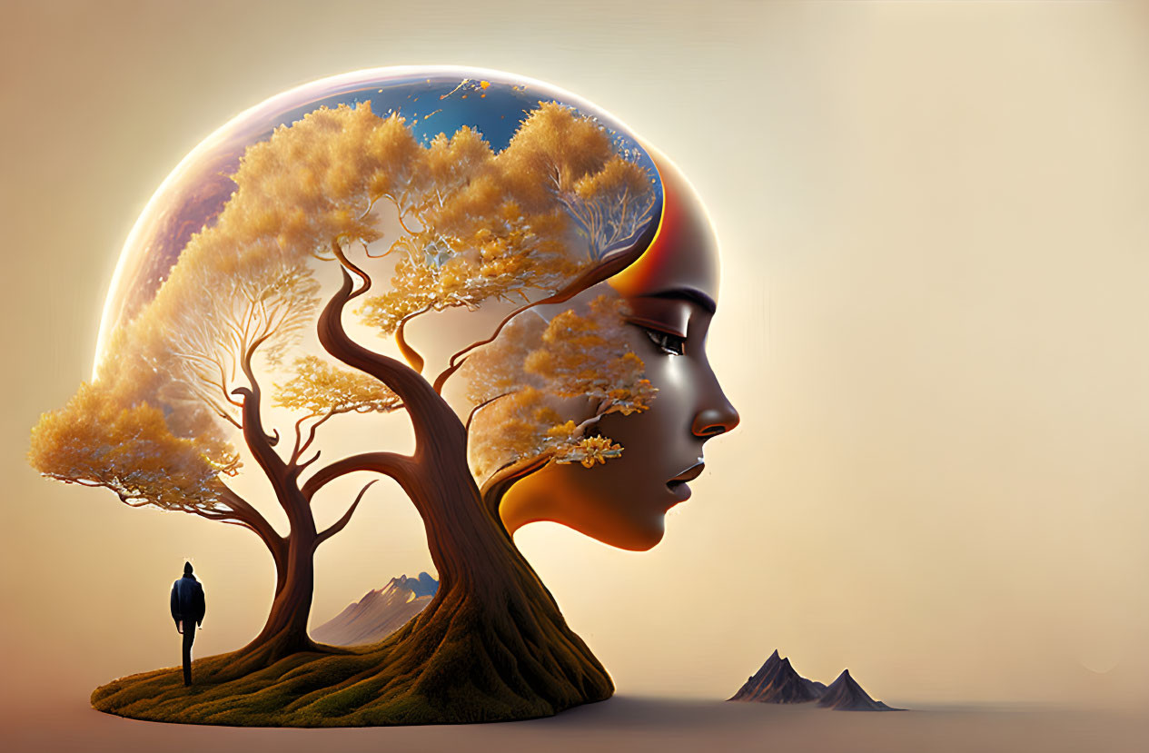 Surreal illustration of woman with tree hair and landscape within branches