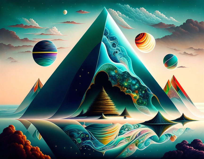 Colorful surreal landscape with pyramids, celestial bodies, and star-spangled skies.