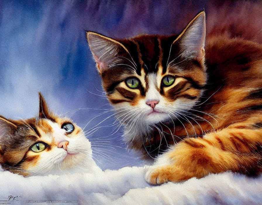 Two cats with striking green eyes in close proximity.